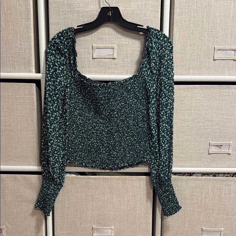 Reformation Forest Green Floral Smocked Square-Neck Top